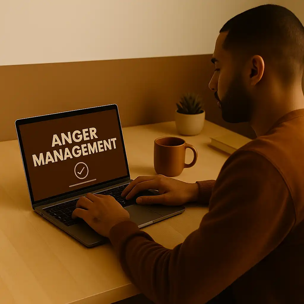 Laptop screen displaying Anger Management Program as a person works at the computer